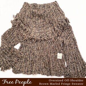 Free People Oversized Off-Shoulder/Cowl Neck Brown Marled Fringe Sweater Size S